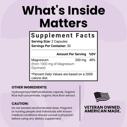 Product label showing 1000mg magnesium glycinate per serving