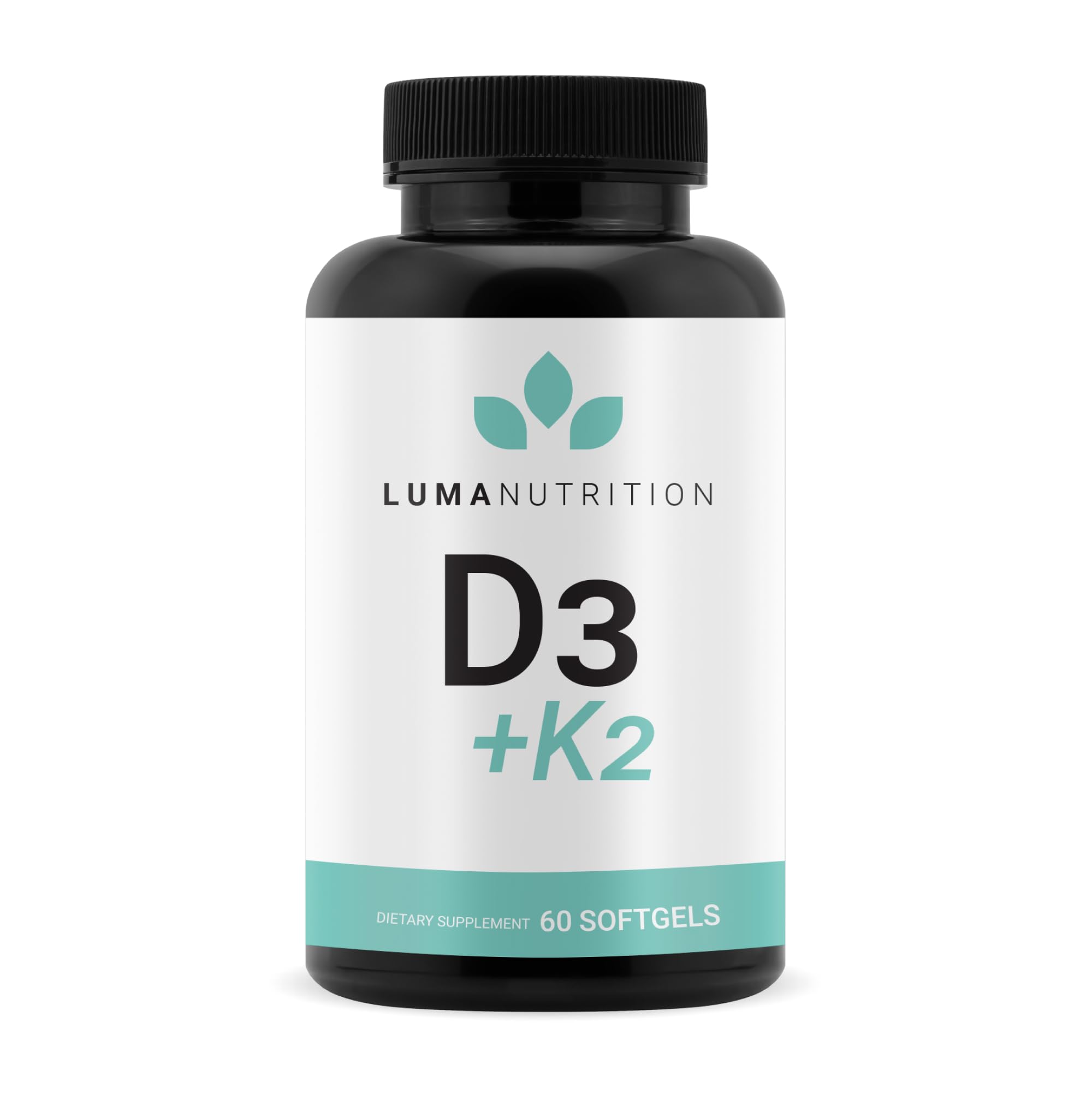 Front view of Luma Nutrition D3 + K2 bottle with label