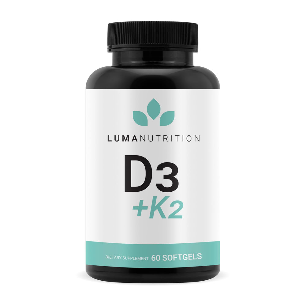 Front view of Luma Nutrition D3 + K2 bottle with label