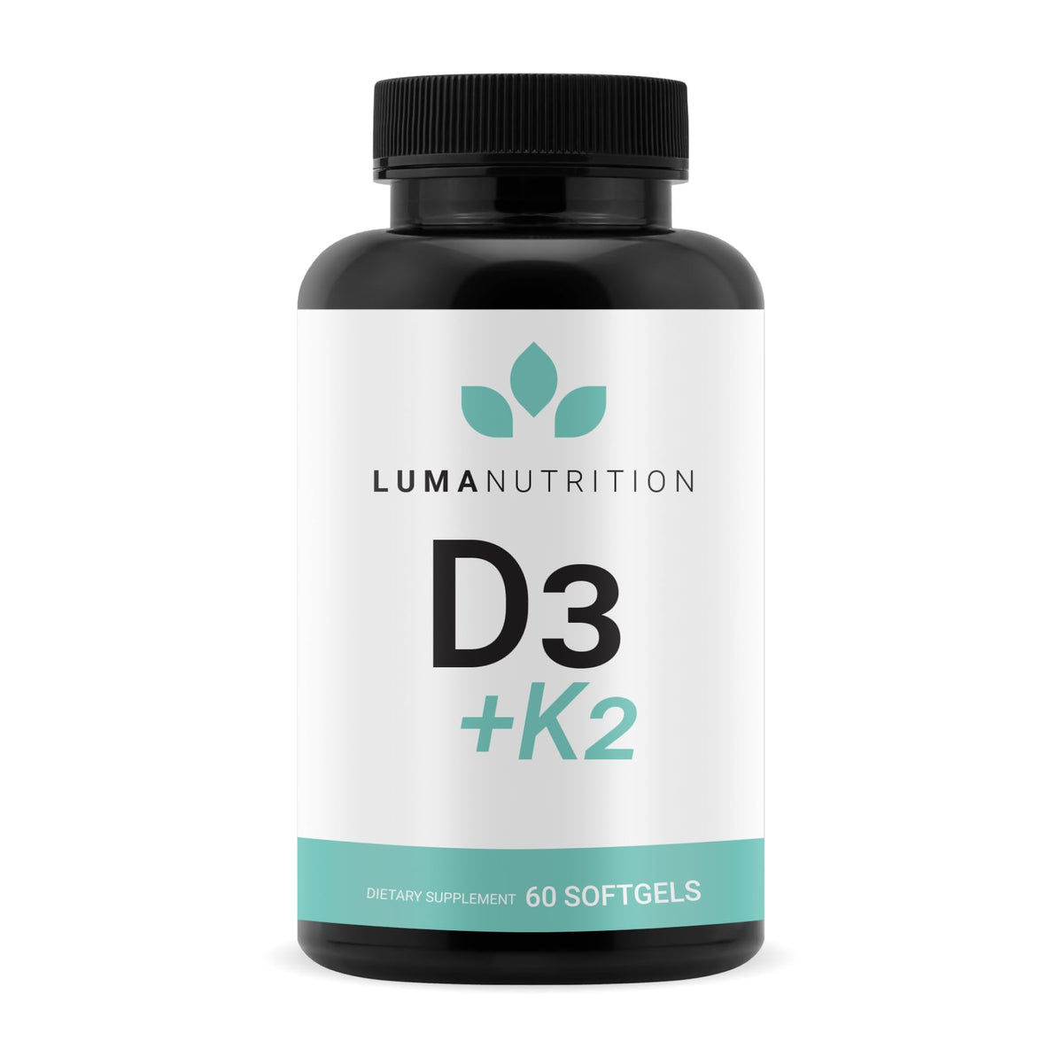 Front view of Luma Nutrition D3 + K2 bottle with label