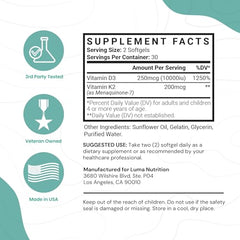 Luma Nutrition D3 + K2 10,000 IU bottle label close-up