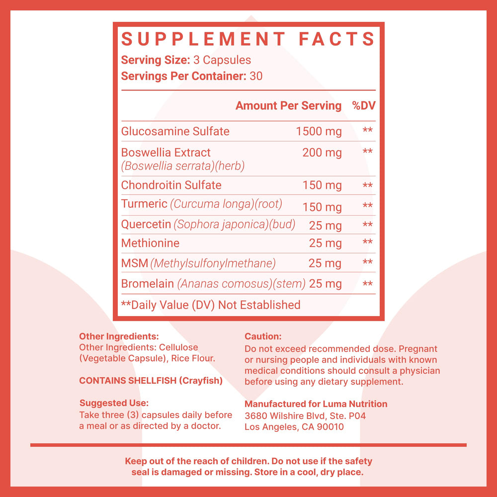 Ingredients: glucosamine, chondroitin, MSM, turmeric and boswellia