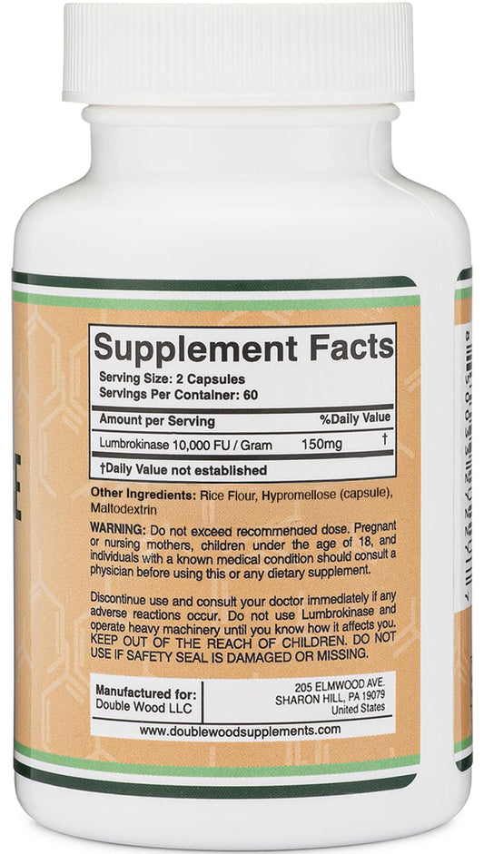 Back view showing dosage information for Lumbrokinase supplement