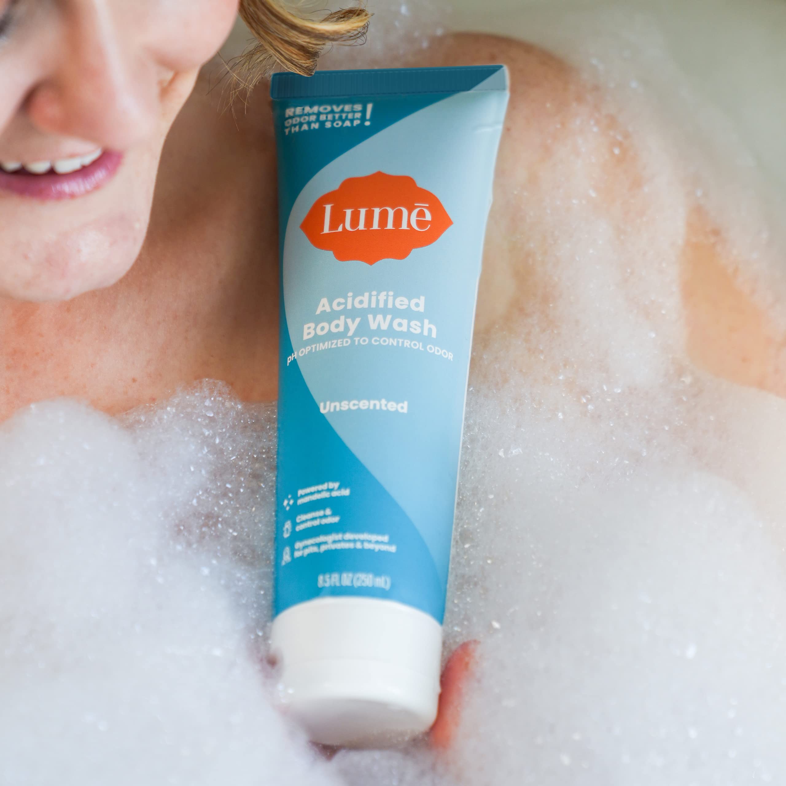 Lume Acidified Body Wash 24hour-odor-control bottle close-up illustrates lasting freshness.