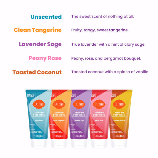 Lume Acidified Body Wash Lavender Sage mini tube; lasting odor control and soothing scent