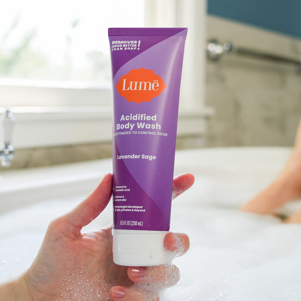 Lume acidified body wash 8.5 oz pack of 2 highlights SLS- and paraben-free formula.