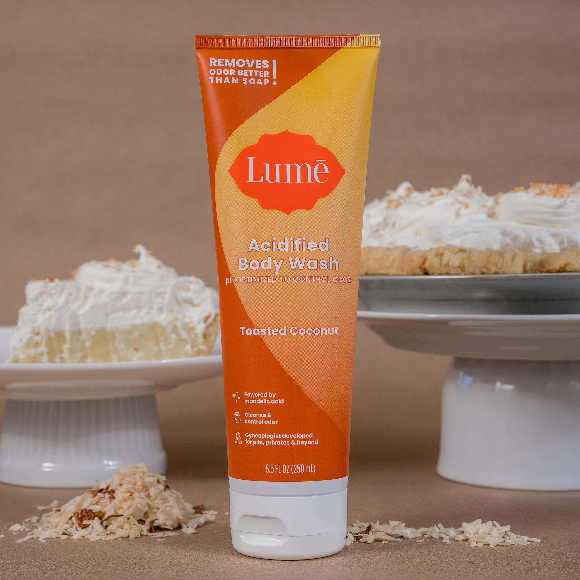 Lume Acidified Body Wash bathroom-setup scene positions post-shower routine for odor control and moisture care.