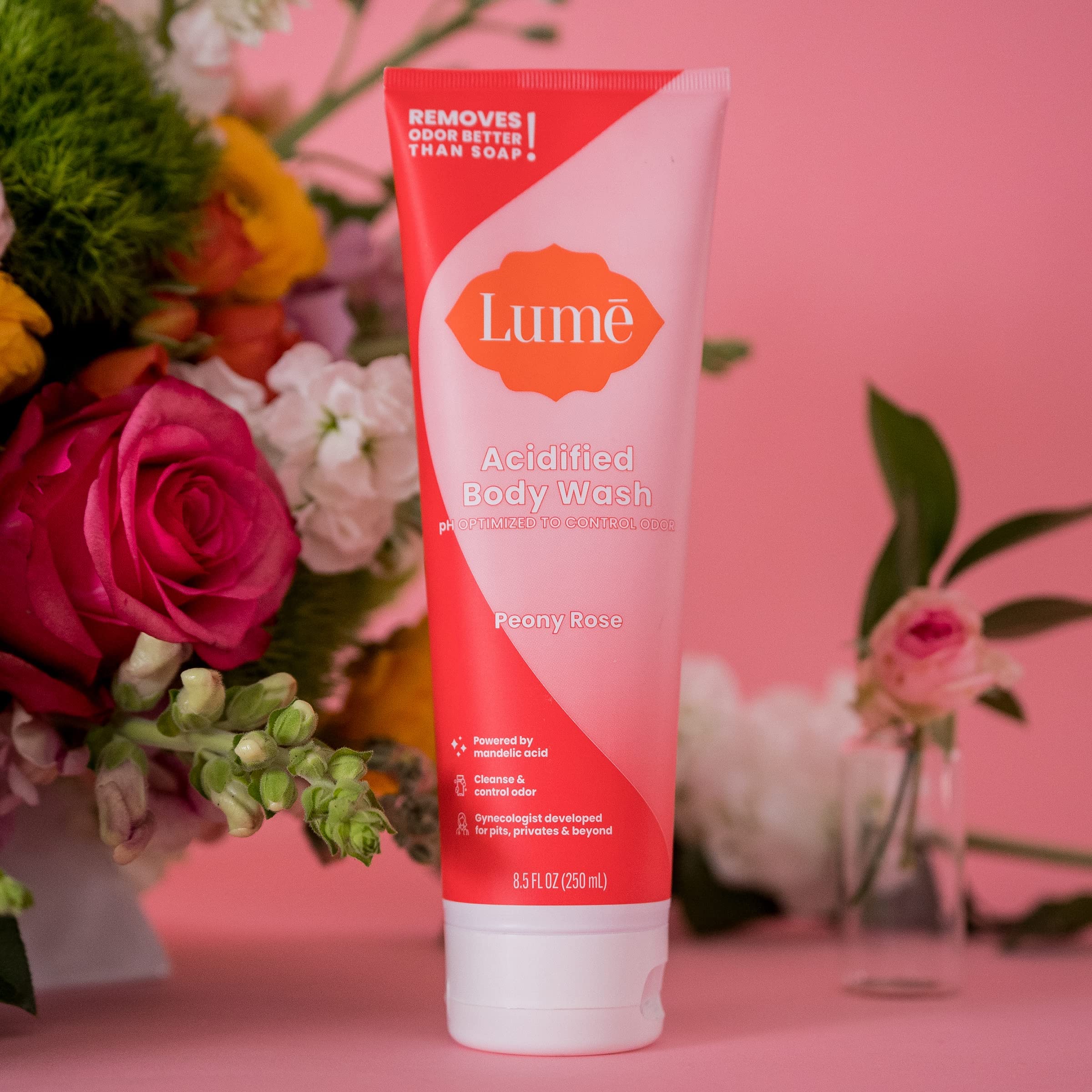 Lume Acidified Body Wash beside odor-control products for everyday routine
