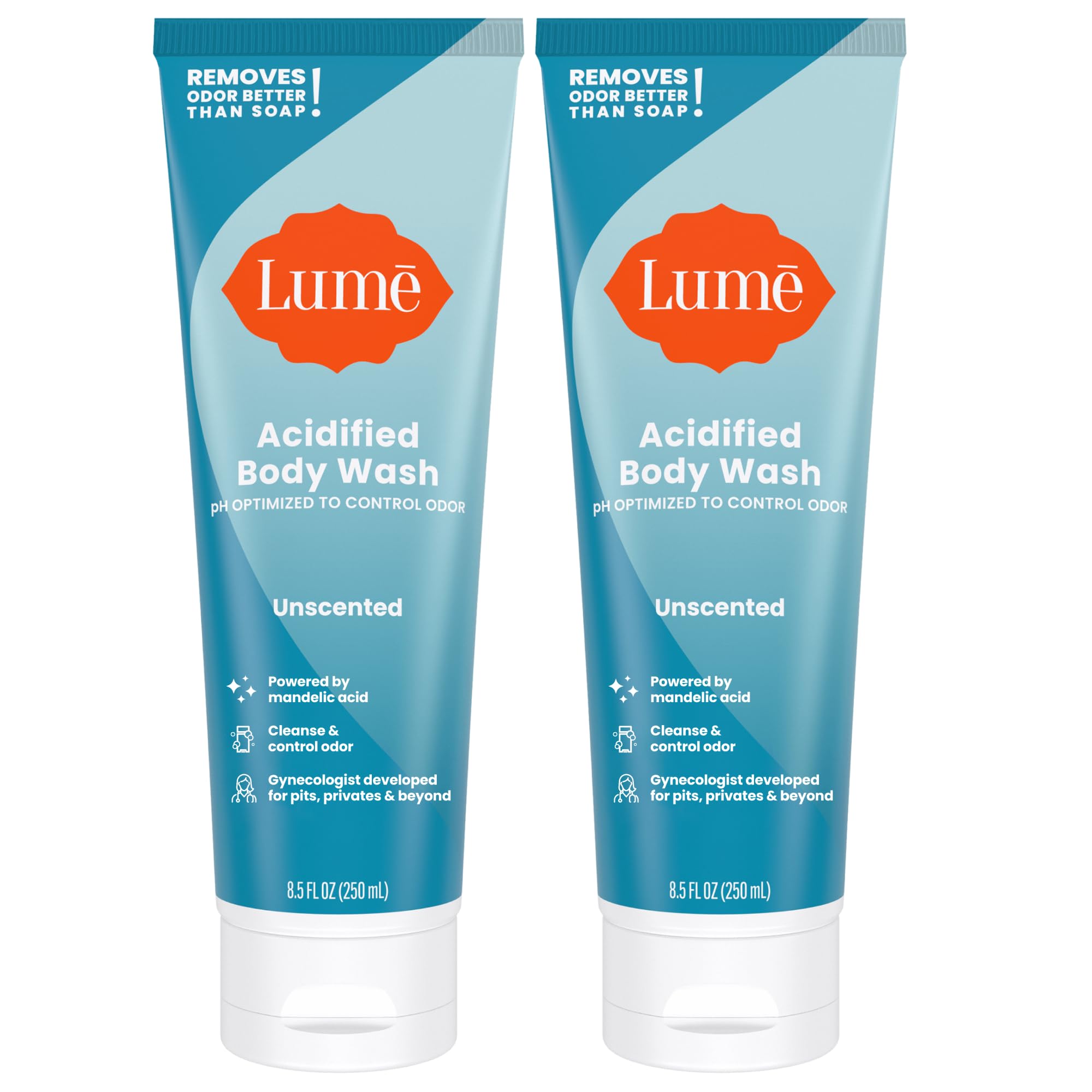 Lume Acidified Body Wash bottle front—unscented formula for all-day odor control.
