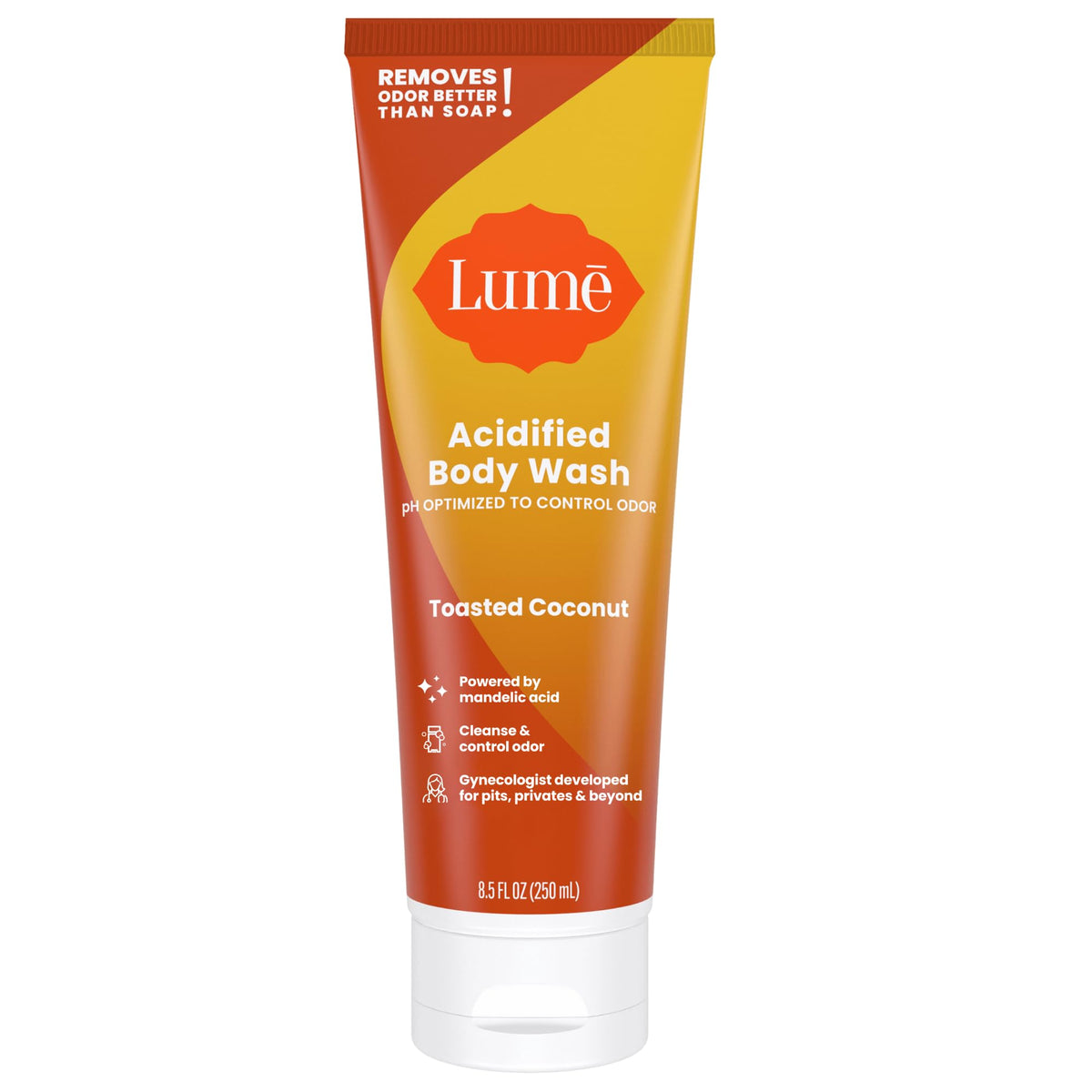 Lume Acidified Body Wash bottle front shows Toasted Coconut scent with odor control.