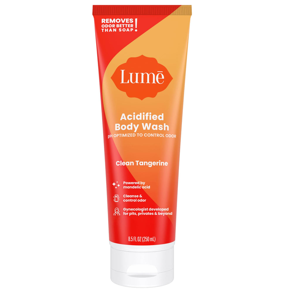 Lume Acidified Body Wash bottle-front with Clean Tangerine scent and odor-control promise.