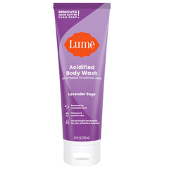 Lume Acidified Body Wash bottle front shows lavender-sage scent and odor-control promise.
