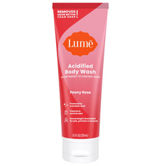 Lume Acidified Body Wash bottle with Peony Rose showing odor-control potential