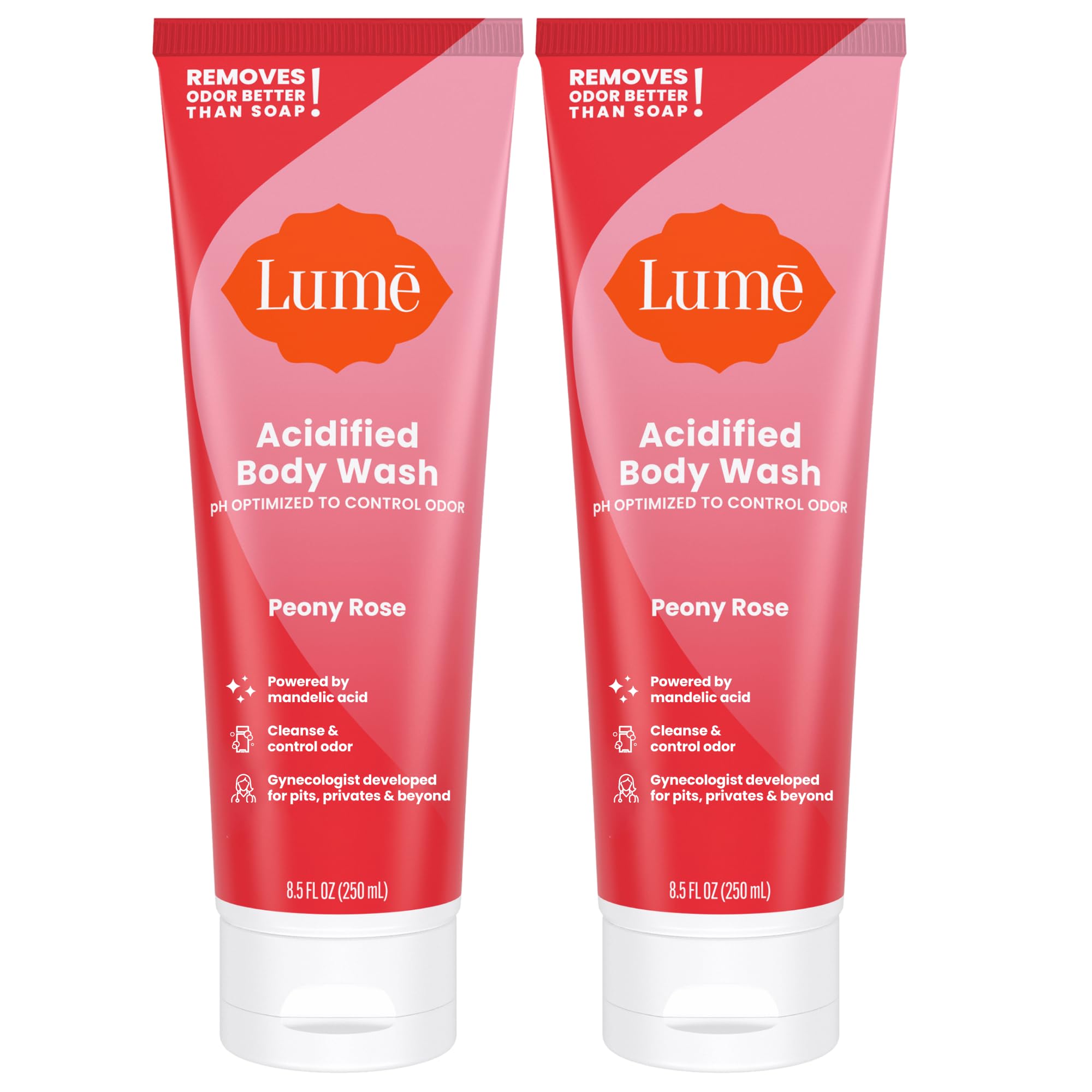Lume Acidified Body Wash bottle pour showing 24-hour odor control