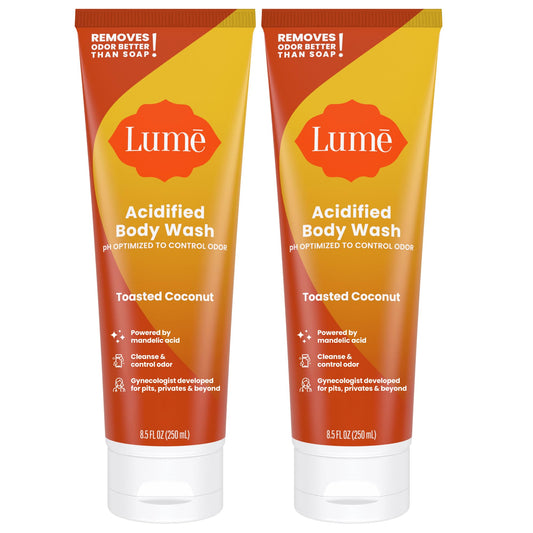 Lume Acidified Body Wash bottle with pump, toasted coconut scent, ready for everyday odor control.