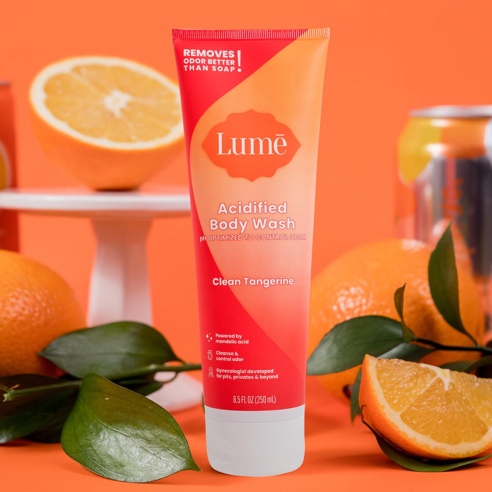 Lume Acidified Body Wash clean tangerine bottle highlights OB/GYN developed status