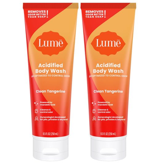 Lume Acidified Body Wash bottle shows Clean Tangerine scent and 24-hour odor control