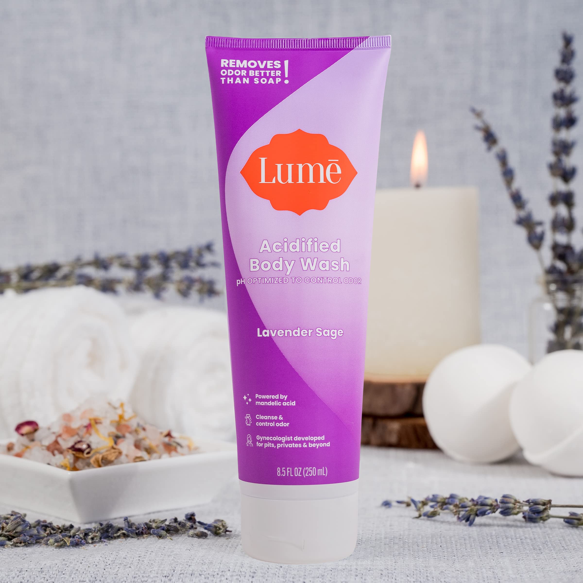 Lume Acidified Body Wash foam lather spreads evenly for refreshing post-workout cleansing.