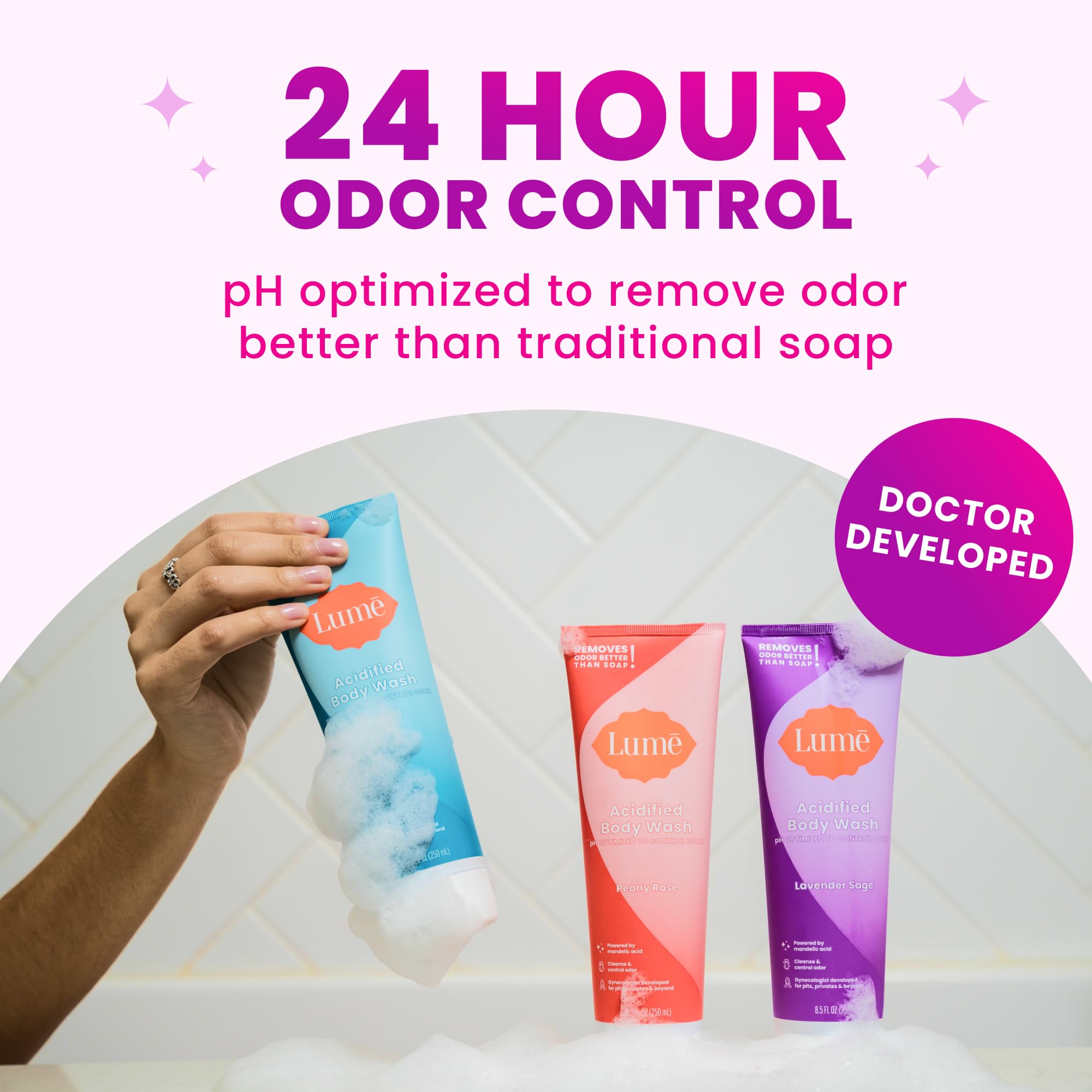 Lume Acidified Body Wash foam-lather provides rich cleansing.