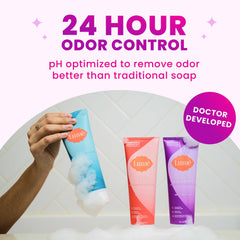 Lume Acidified Body Wash foam-lather provides rich cleansing.