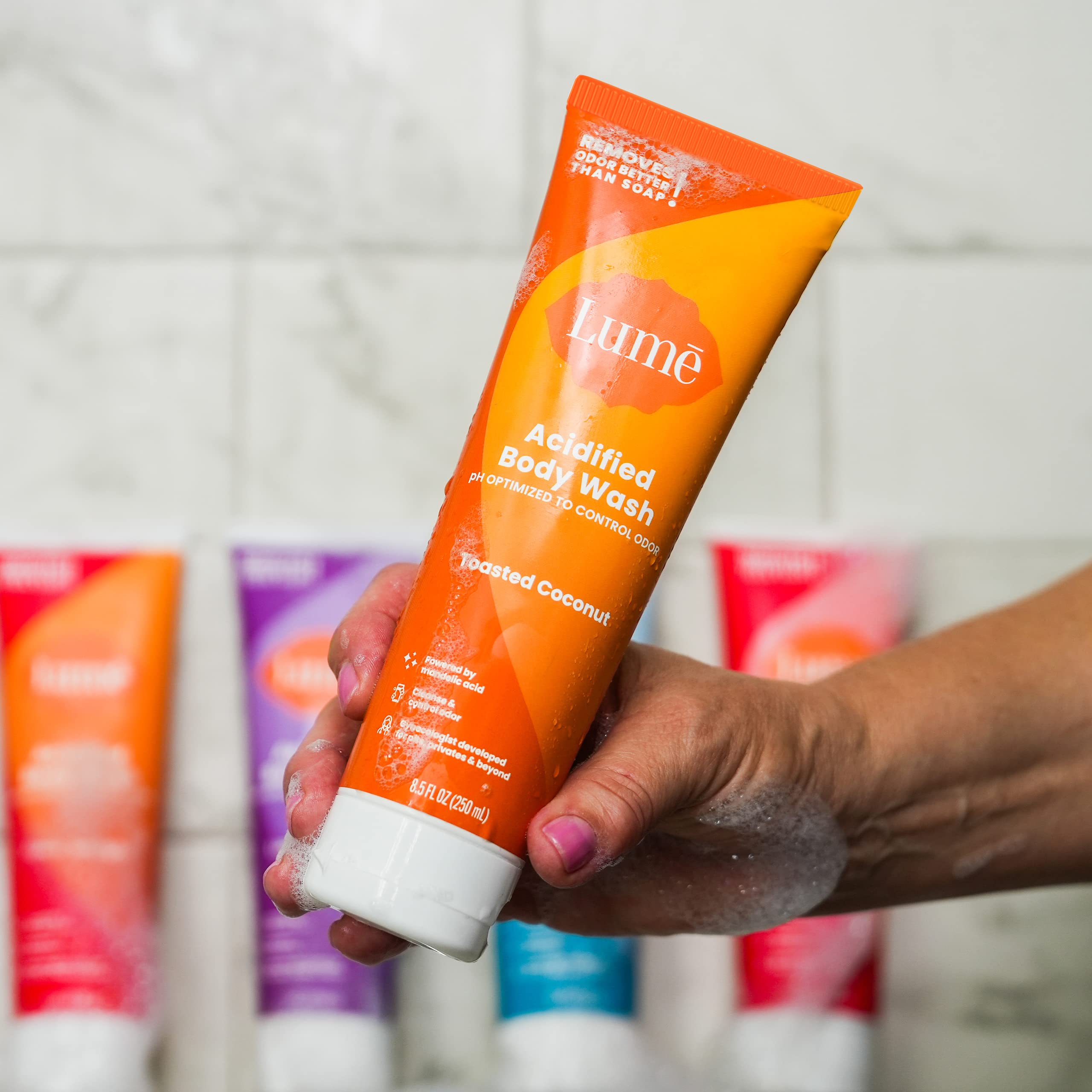 Lume Acidified Body Wash foamy lather delivers gentle cleansing and long-lasting odor control.