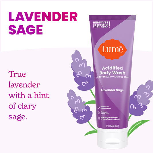 Lume acidified body wash Lavender Sage pump close-up with rich lather for cleansing.