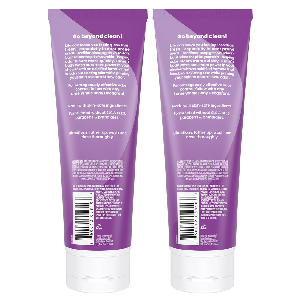 Lume acidified body wash Lavender Sage pump close-up with rich lather for cleansing.