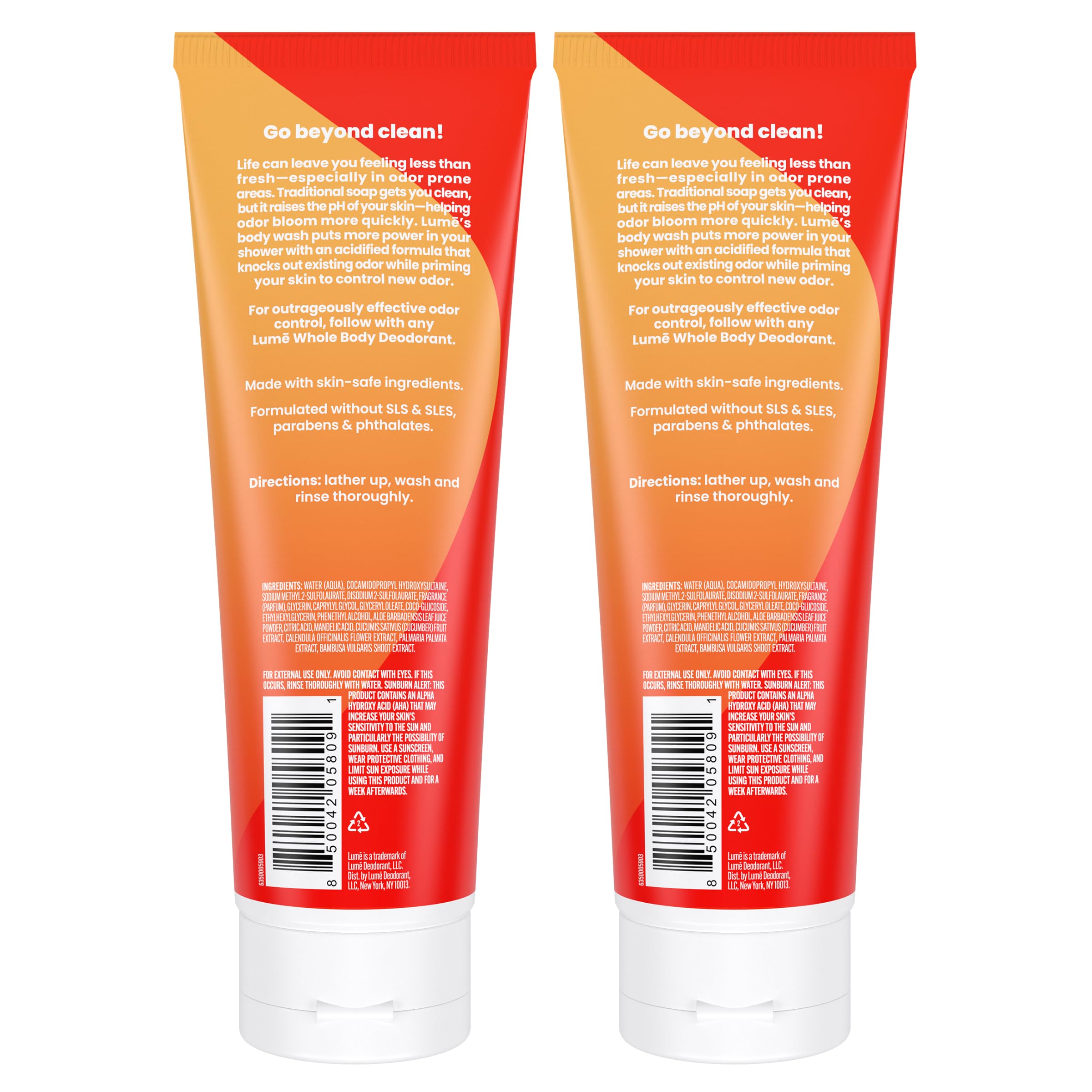 Lume Acidified Body Wash 24-hour odor-control graphic emphasizes long-lasting freshness