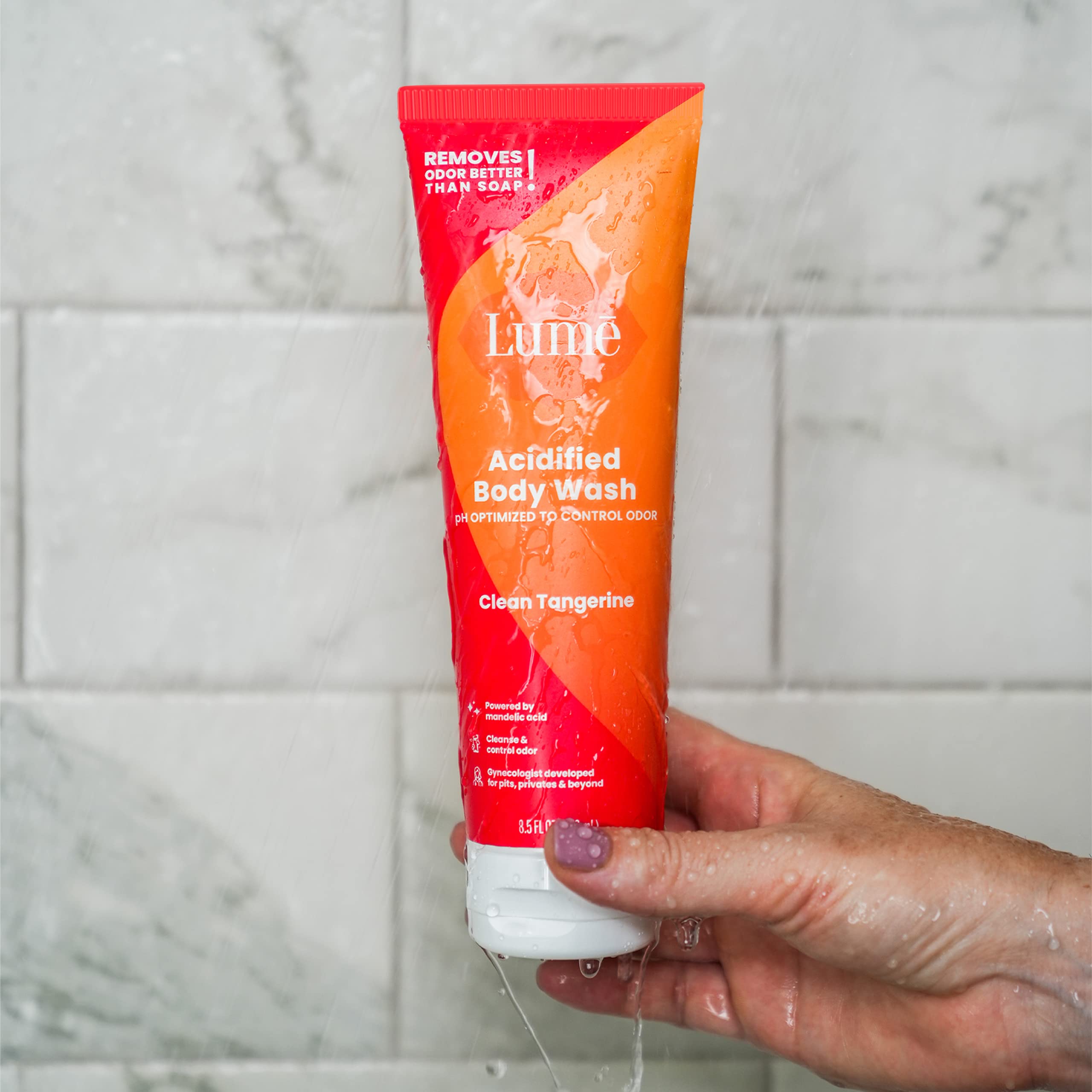 Lume Acidified Body Wash 24-hour odor-control graphic emphasizes long-lasting freshness