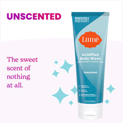 Lume Acidified Body Wash pH-balance graphic highlights skin-friendly cleansing.