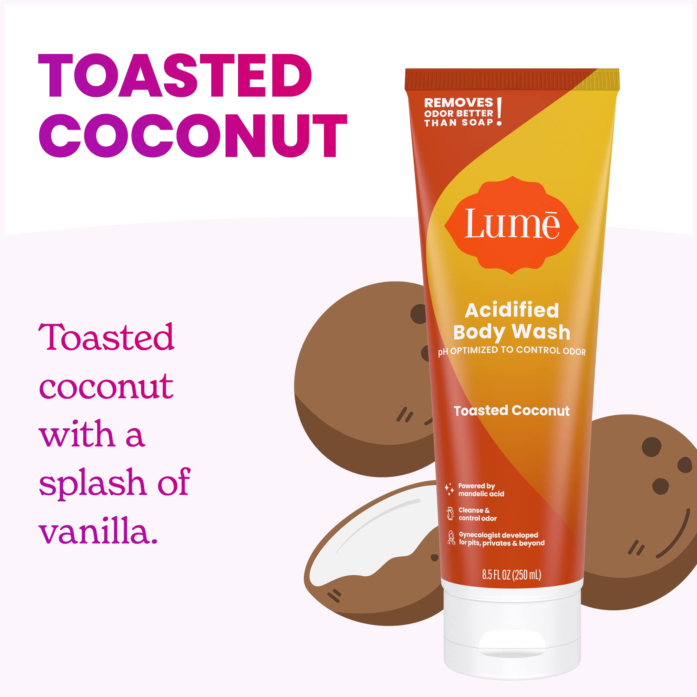 Lume Acidified Body Wash pump-top close-up for easy dispensing during showers.