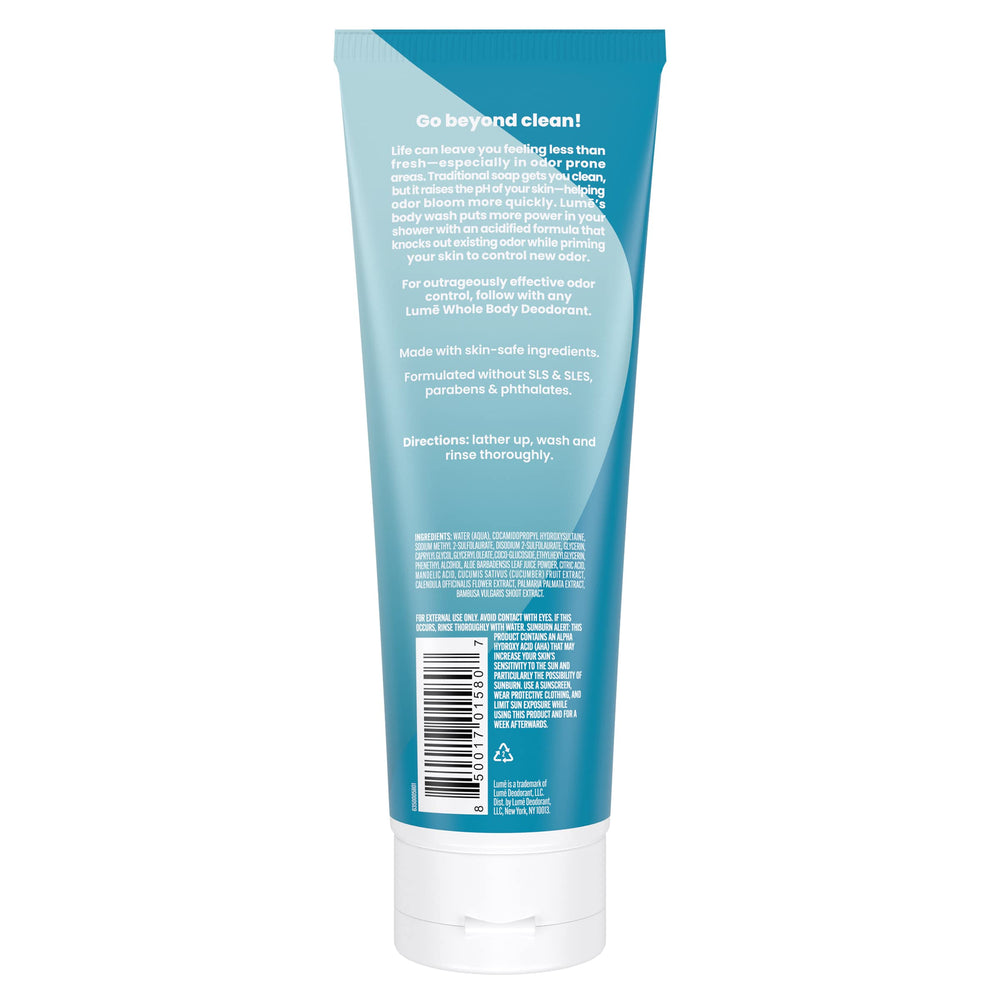 Lume Acidified Body Wash unscented bottle shows fragrance-free formula for sensitive skin.
