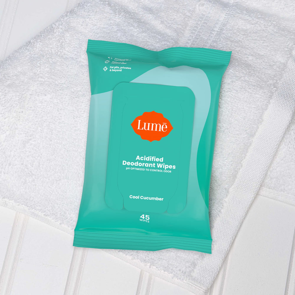 Lume Acidified Deodorant Wipes cool cucumber six-by-six towelettes for quick touchups