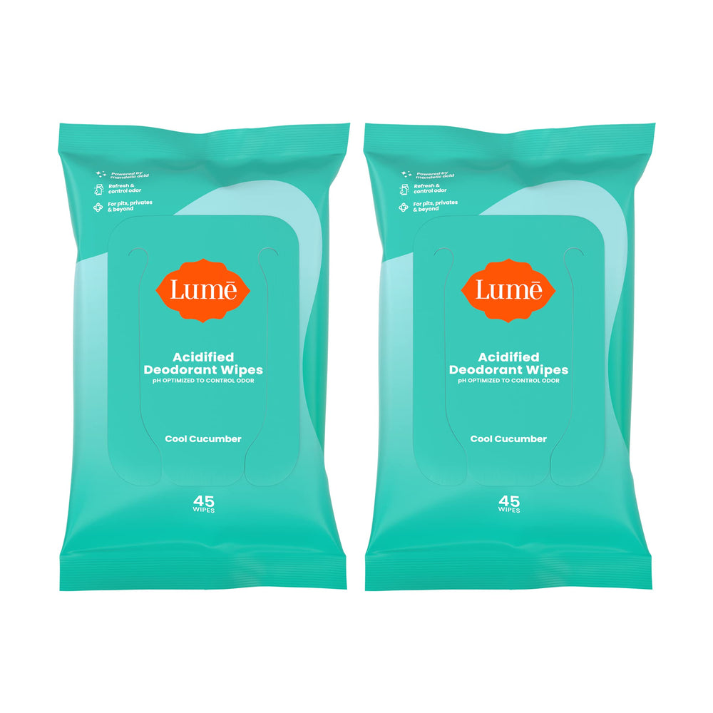 Lume Acidified Deodorant Wipes cool cucumber hero demonstrates long-lasting odor control on the go