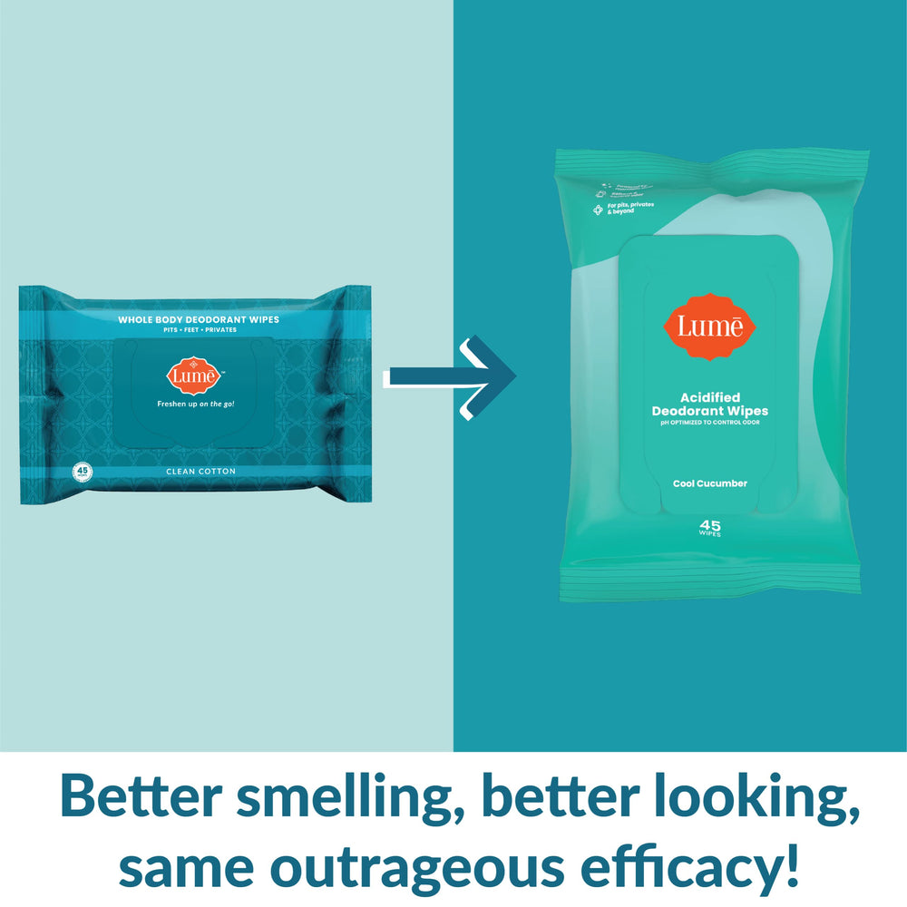 Lume Acidified Deodorant Wipes cool cucumber underarm application captures quick odor mitigation
