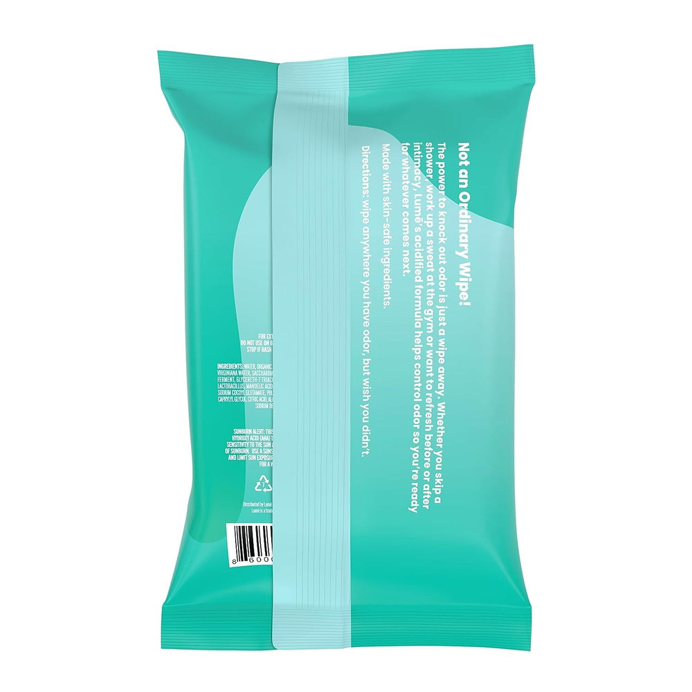 Lume Acidified Deodorant Wipes used on underarm area for quick odor control.