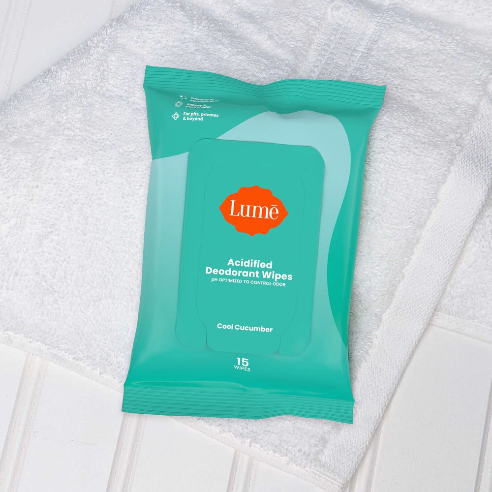 Lume acidified deodorant wipes underboob use for odor protection