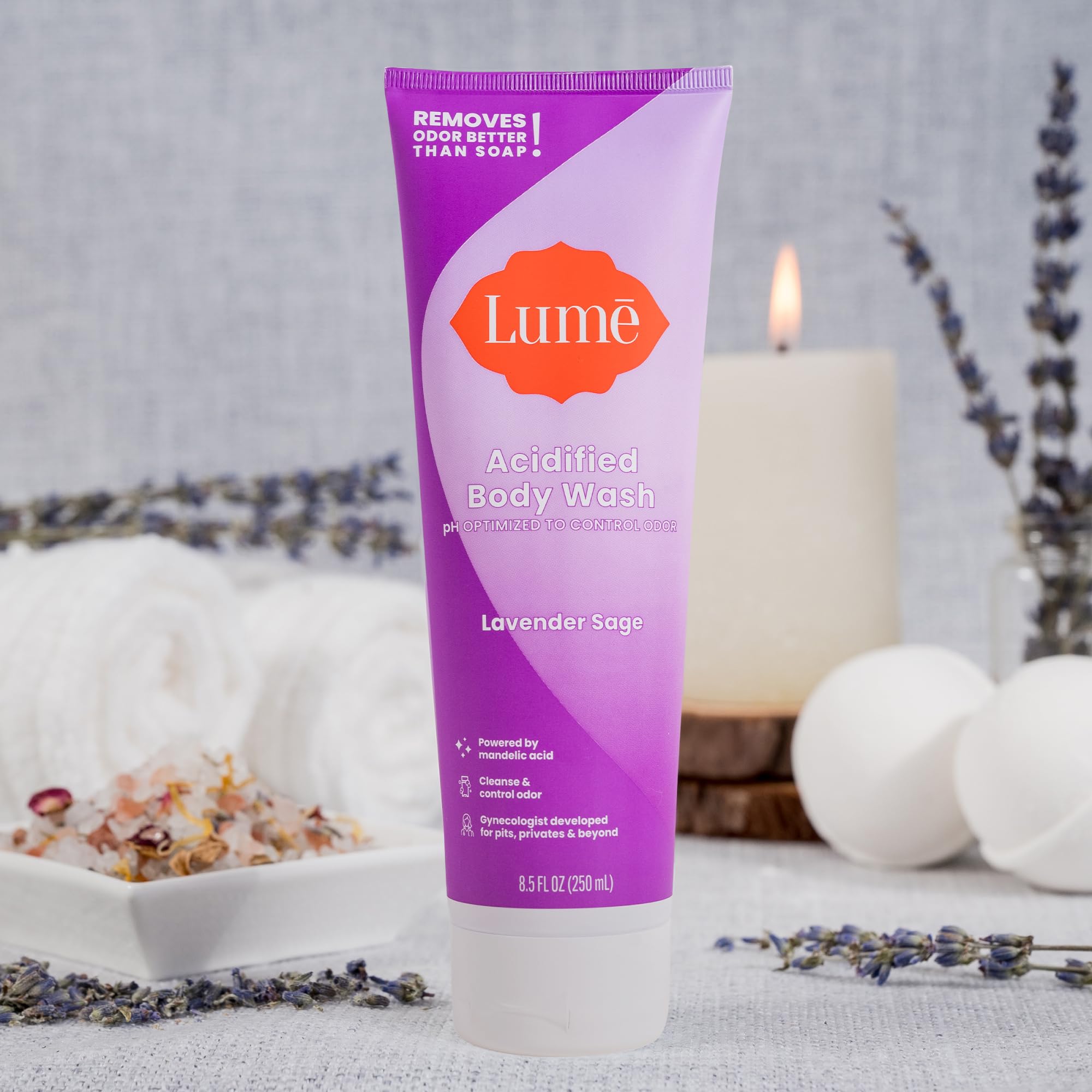 Lume Lavender Sage bottle with lavender sprigs conveys calming aroma and odor management.