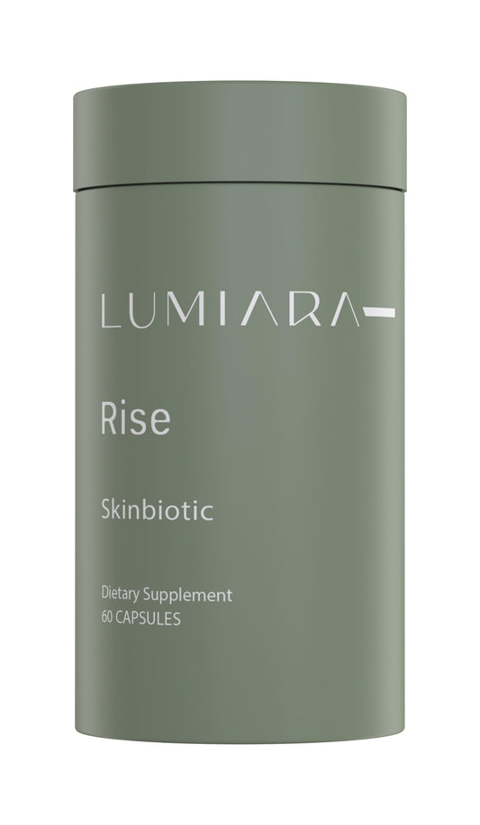 Lumiara Rise Skinbiotic bottle and capsules on a white background
