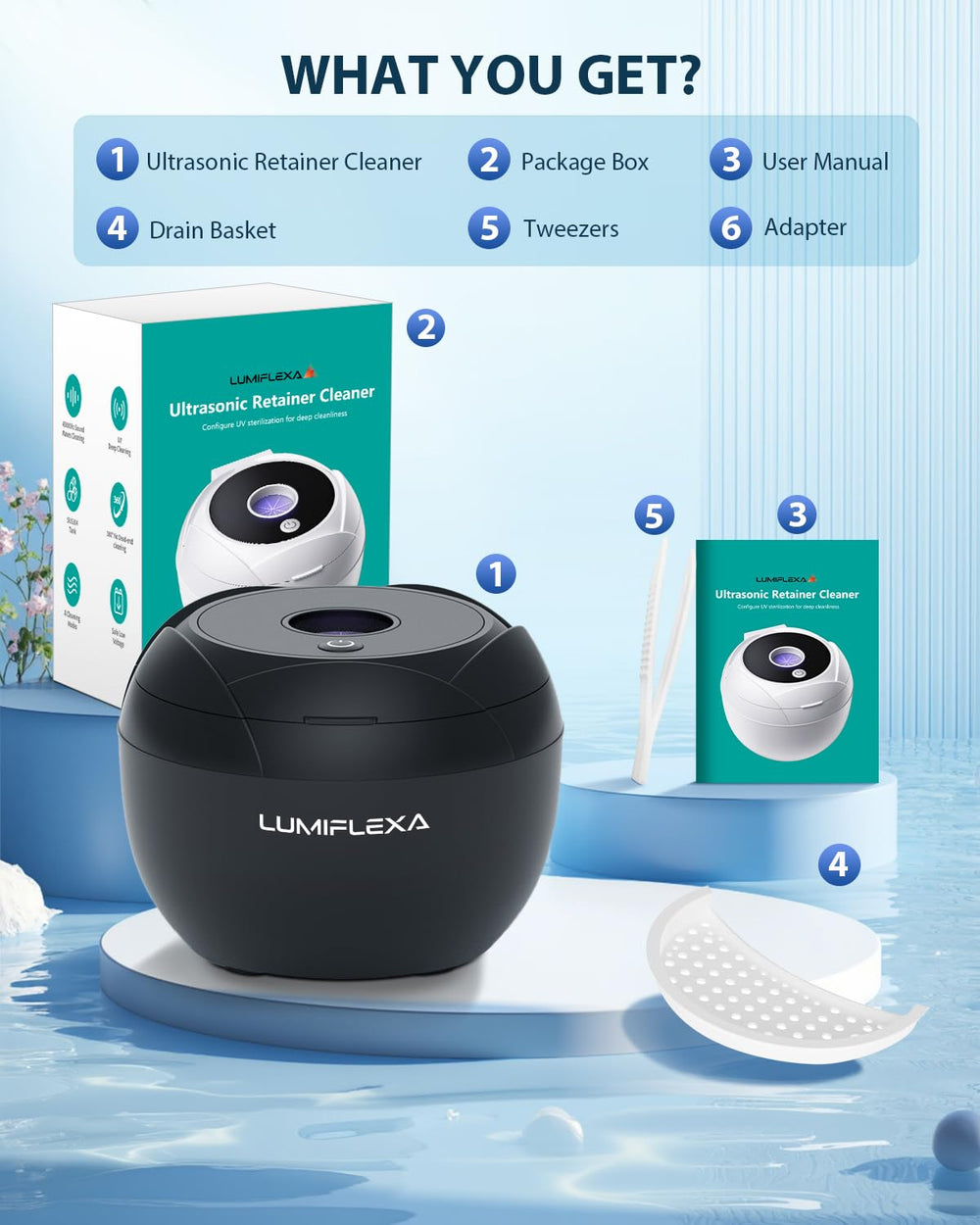 Lifestyle shot of Lumiflexa retainer cleaner in box with accessories
