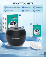 Lifestyle shot of Lumiflexa retainer cleaner in box with accessories