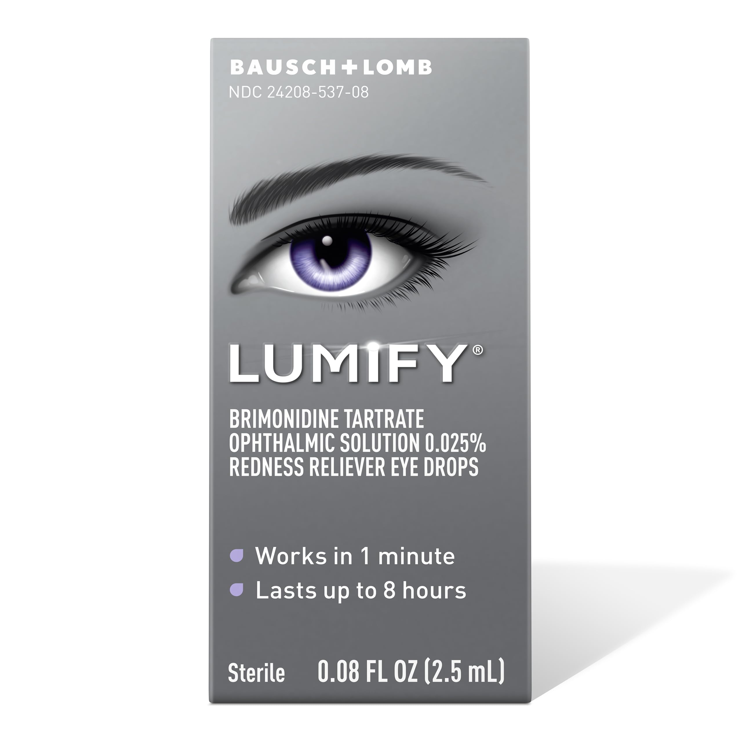 Close-up of Lumify bottle with dropper shows convenient 2.5 mL size.