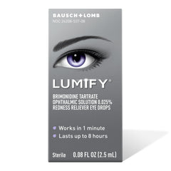 Close-up of Lumify bottle with dropper shows convenient 2.5 mL size.