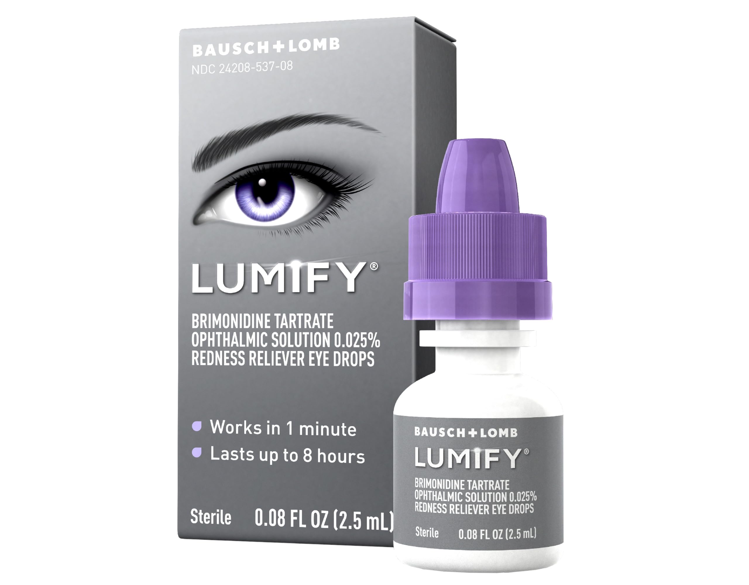 Lumify eye drops quick-action bottle demonstrates relief in about 60 seconds.