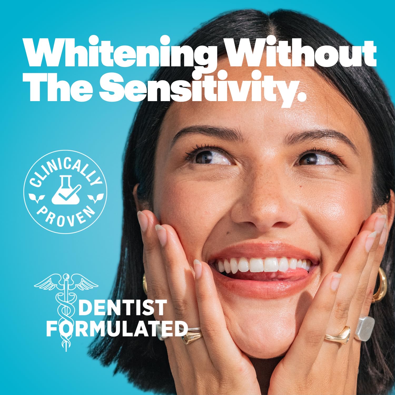 Open kit showing 6 toothpaste tubes, 6 mouthwashes, 2 whitening strips, and 2 whitening pens