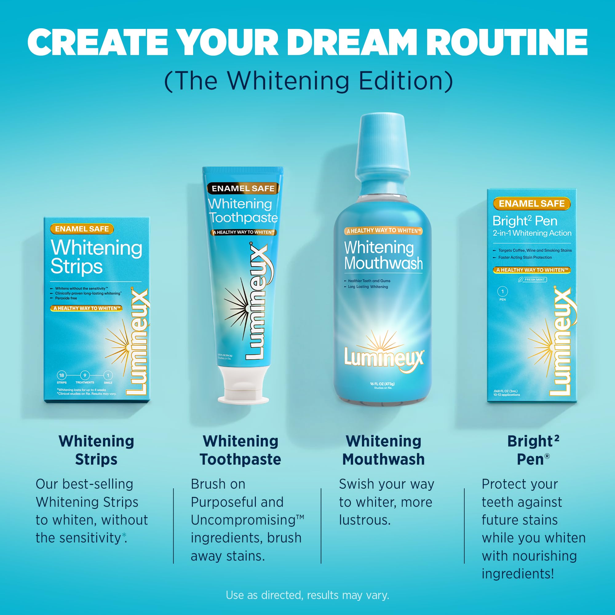 Lumineux whitening system with strips, toothpaste, mouthwash and toothbrush