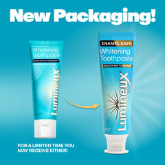 Close-up of Lumineux toothpaste showing peroxide-free, enamel-safe paste