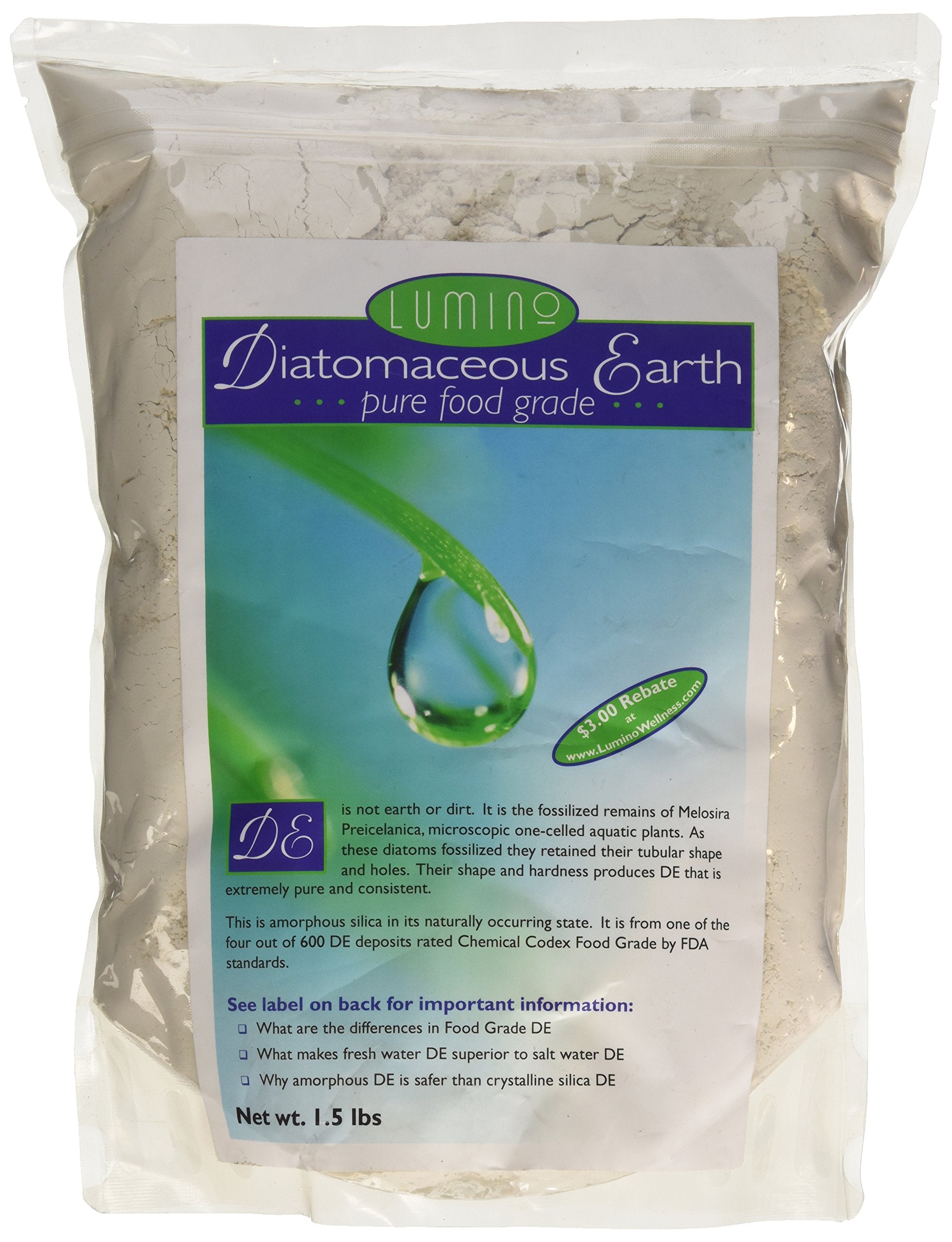 Lumino Food Grade Diatomaceous Earth powder in pure white form (1.5 lb)