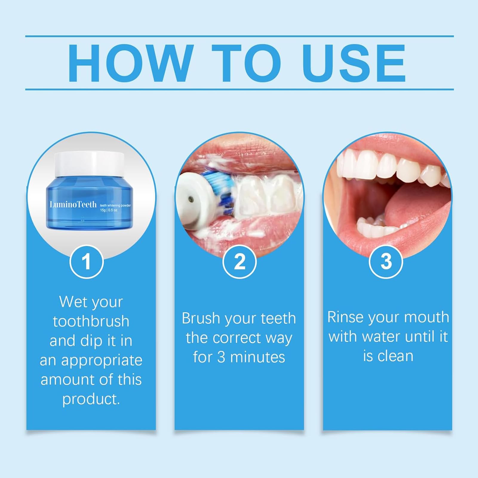 Brightened smile after using Lumino Teeth Deluxe Powder