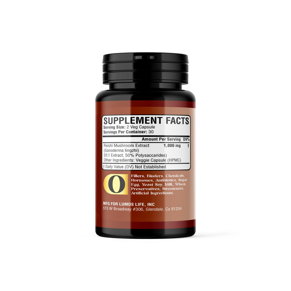 60-count bottle of Lumos Life Reishi Mushroom capsules